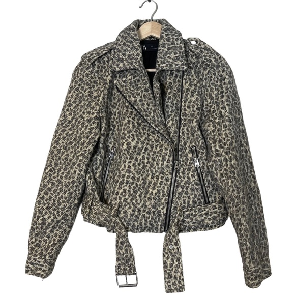 Zara Womens Wool Animal Print Asymmetrical Zip Belted Cropped Moto Jacket Size S - Picture 6 of 14